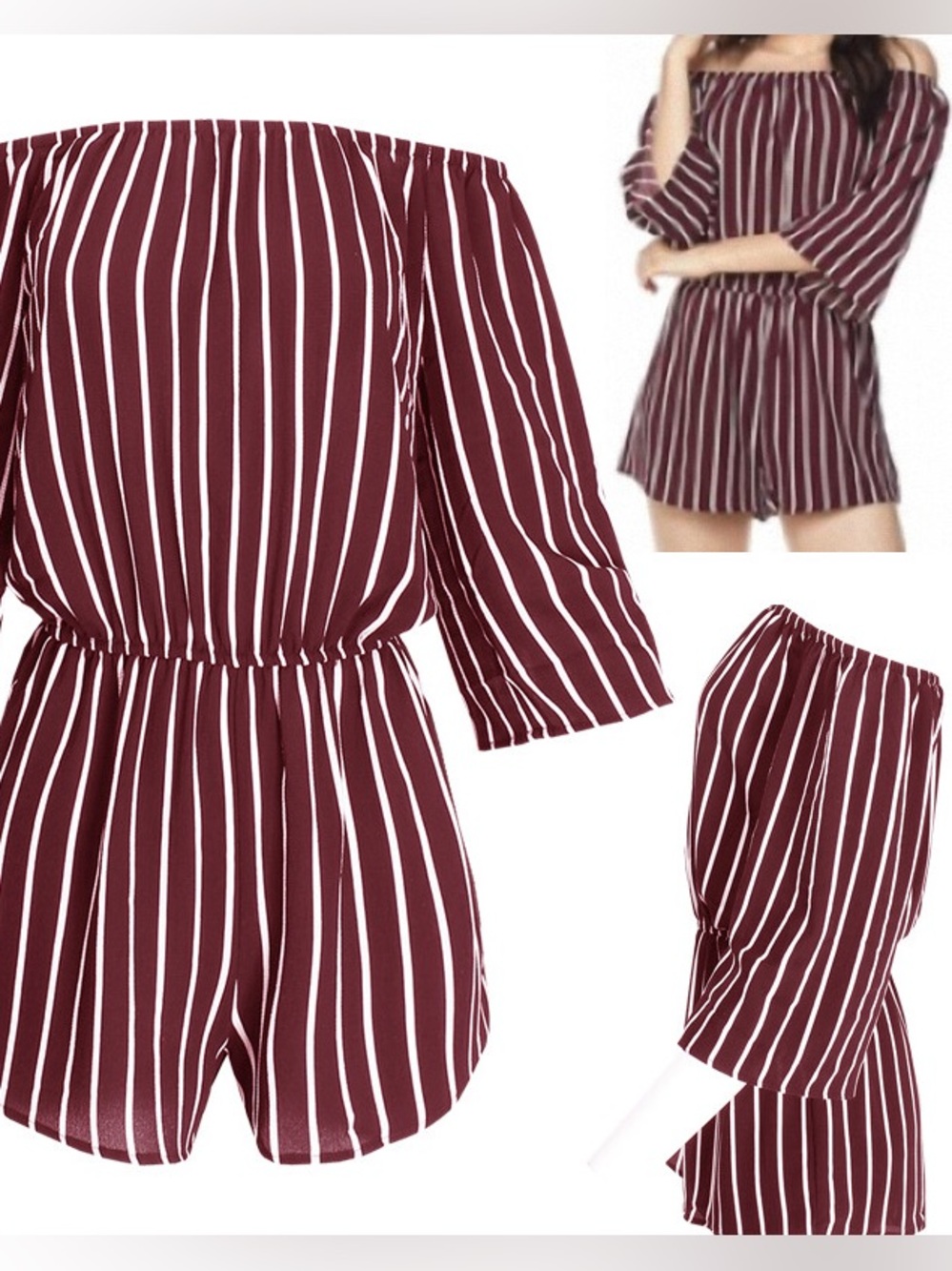 U2B Striped Off-Shoulder Romper in Burgundy and White - Picture 3 of 4
